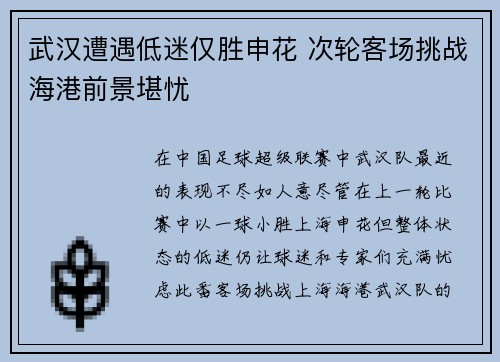 武汉遭遇低迷仅胜申花 次轮客场挑战海港前景堪忧